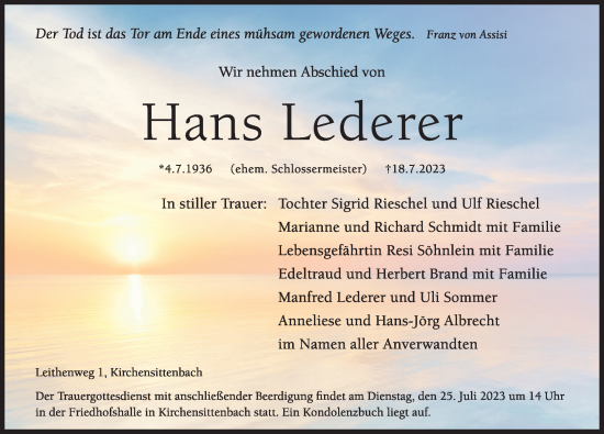 Traueranzeige von Hans Lederer von Hersbrucker Zeitung Lokal