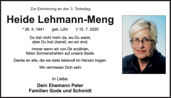 Traueranzeige von Heide Lehmann-Meng von Hersbrucker Zeitung Lokal
