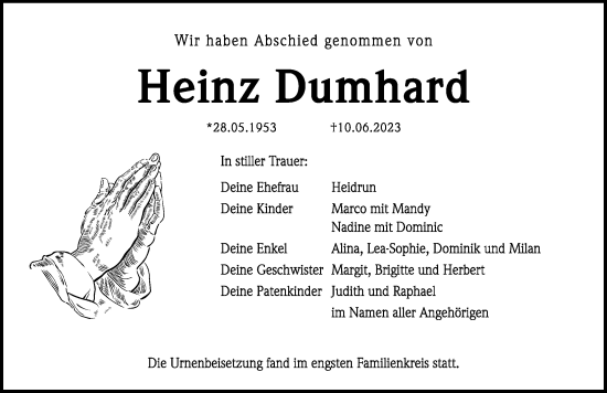 Traueranzeige von Heinz Dumhard von Hersbrucker Zeitung Lokal
