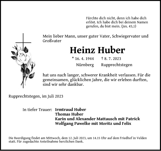 Traueranzeige von Heinz Huber von Hersbrucker Zeitung Lokal