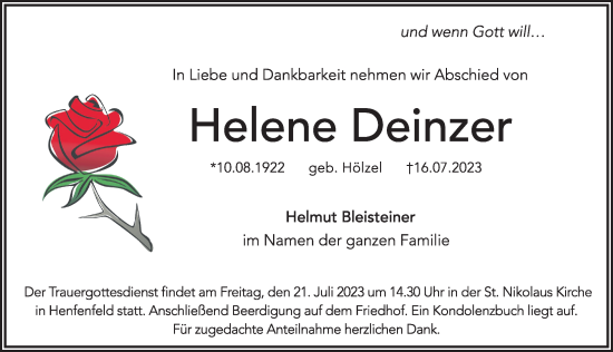 Traueranzeige von Helene Deinzer von Hersbrucker Zeitung Lokal