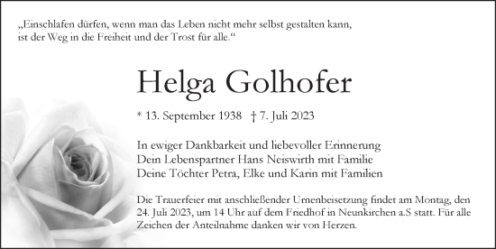 Traueranzeige von Helga Golhofer von Pegnitz-Zeitung