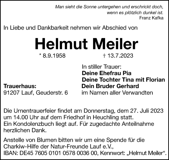 Traueranzeige von Helmut Meiler von Hersbrucker Zeitung Lokal