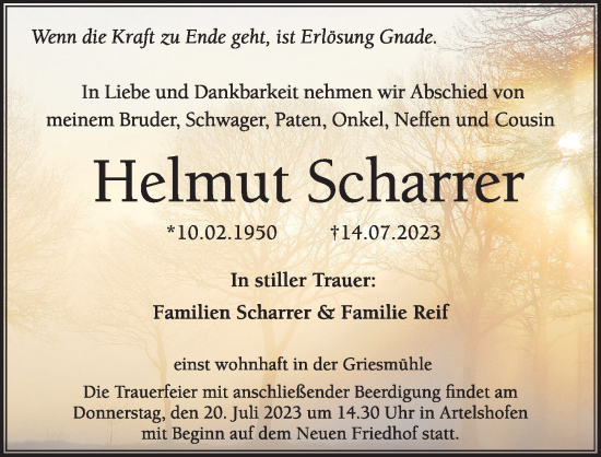 Traueranzeige von Helmut Scharrer von Hersbrucker Zeitung Lokal