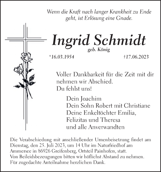 Traueranzeige von Ingrid Schmidt von Hersbrucker Zeitung Lokal