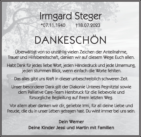 Traueranzeige von Irmgard Steger von Pegnitz-Zeitung