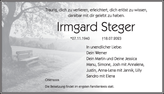 Traueranzeige von Irmgard Steger von Pegnitz-Zeitung