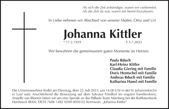 Traueranzeige von Johanna Kittler von Pegnitz-Zeitung