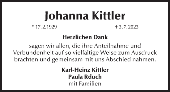 Traueranzeige von Johanna Kittler von Pegnitz-Zeitung