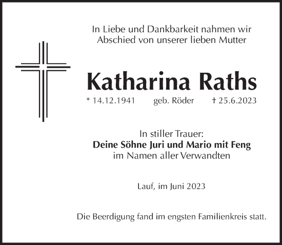 Traueranzeige von Katharina Raths von Pegnitz-Zeitung