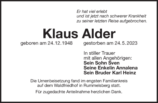 Traueranzeige von Klaus Alder von Der Bote