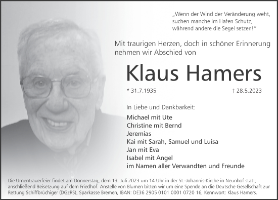 Traueranzeige von Klaus Hamers von Pegnitz-Zeitung