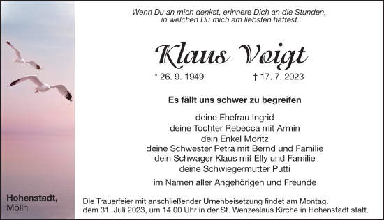 Traueranzeige von Klaus Voigt von Hersbrucker Zeitung Lokal