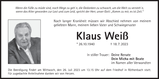 Traueranzeige von Klaus Weiß von Pegnitz-Zeitung