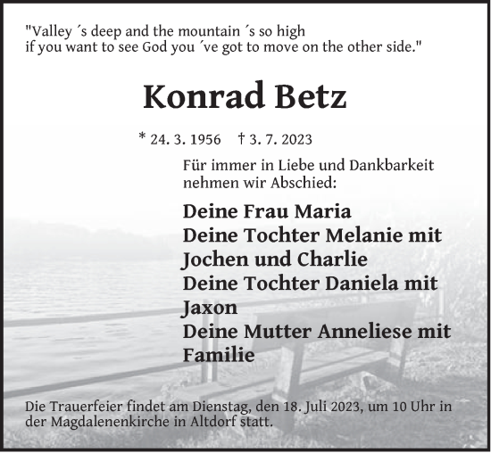 Traueranzeige von Konrad Betz von Der Bote