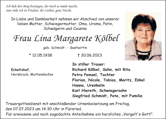 Traueranzeige von Lina Margarete Kölbel von Hersbrucker Zeitung Lokal