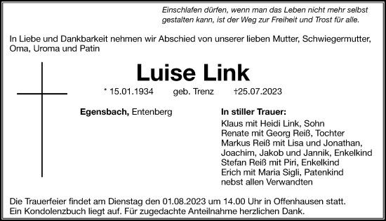 Traueranzeige von Luise Link von Hersbrucker Zeitung Lokal