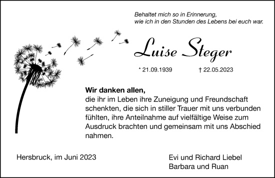 Traueranzeige von Luise Steger von Hersbrucker Zeitung Lokal