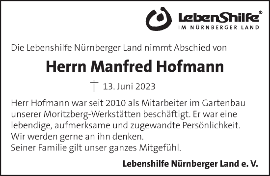 Traueranzeige von Manfred Hofmann von Pegnitz-Zeitung
