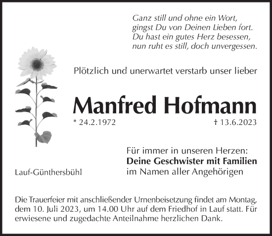 Traueranzeige von Manfred Hofmann von Pegnitz-Zeitung