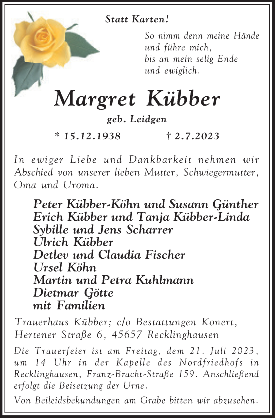 Traueranzeige von Margret Kübber von Der Bote