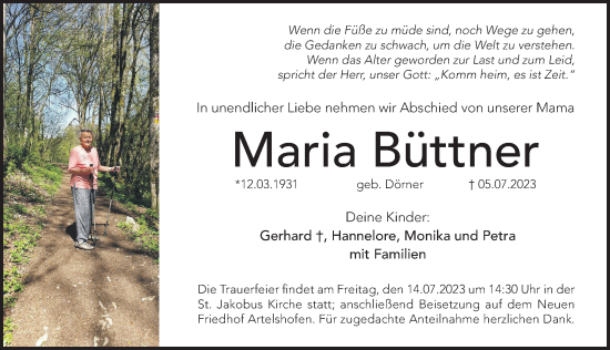 Traueranzeige von Maria Büttner von Hersbrucker Zeitung Lokal