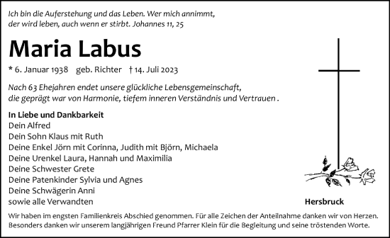 Traueranzeige von Maria Labus von Hersbrucker Zeitung Lokal