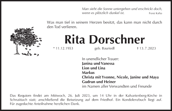 Traueranzeige von Rita Dorschner von Pegnitz-Zeitung