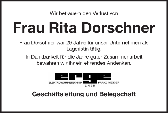Traueranzeige von Rita Dorschner von Pegnitz-Zeitung