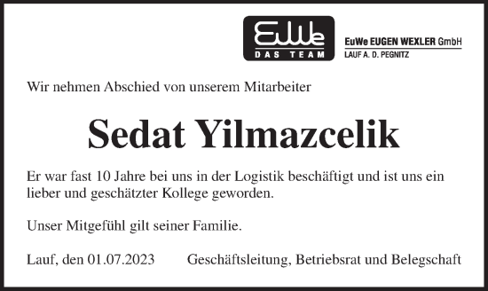 Traueranzeige von Sedat Yilmazcelik von Pegnitz-Zeitung