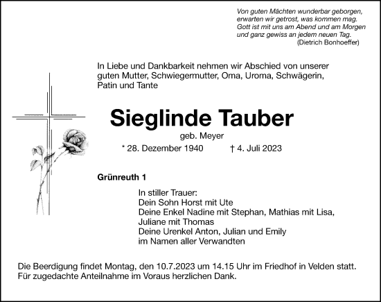 Traueranzeige von Sieglinde Tauber von Hersbrucker Zeitung Lokal