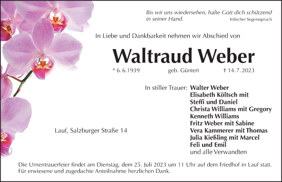 Traueranzeige von Waltraud Weber von Pegnitz-Zeitung