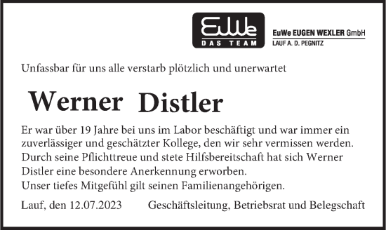 Traueranzeige von Werner Distler von Pegnitz-Zeitung