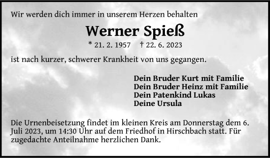 Traueranzeige von Werner Spieß von Hersbrucker Zeitung Lokal