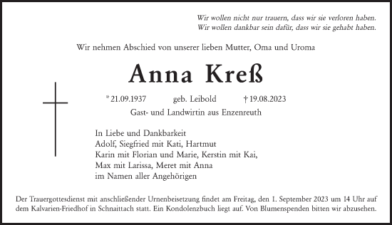 Traueranzeige von Anna Kreß von Pegnitz-Zeitung