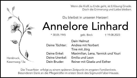 Traueranzeige von Annelore Linhard von Hersbrucker Zeitung Lokal