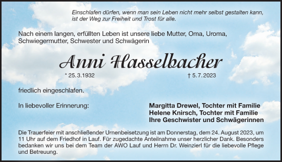 Traueranzeige von Anni Hasselbacher von Pegnitz-Zeitung