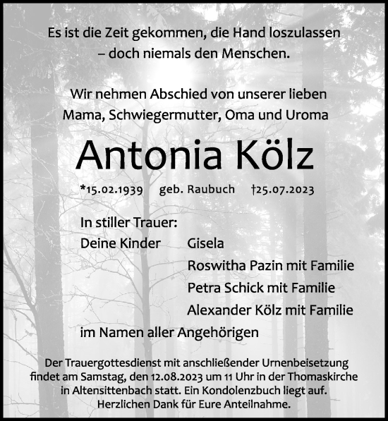 Traueranzeige von Antonia Kölz von Hersbrucker Zeitung Lokal