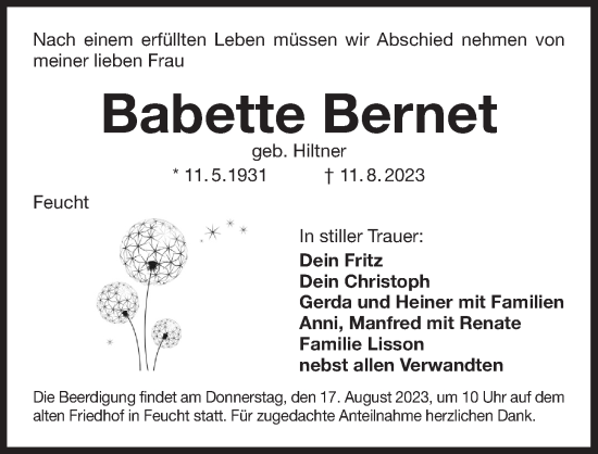 Traueranzeige von Babette Bernet von Der Bote