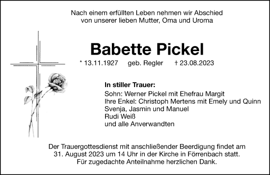 Traueranzeige von Babette Pickel von Hersbrucker Zeitung Lokal