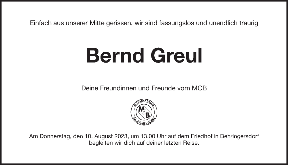  Traueranzeige für Bernhard Greul vom 08.08.2023 aus Pegnitz-Zeitung