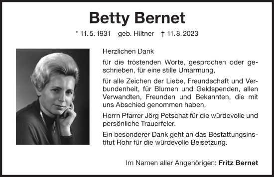 Traueranzeige von Betty Bernet von Der Bote