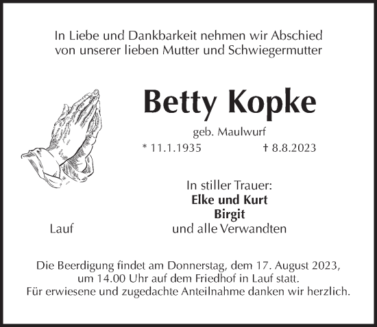 Traueranzeige von Betty Kopke von Pegnitz-Zeitung