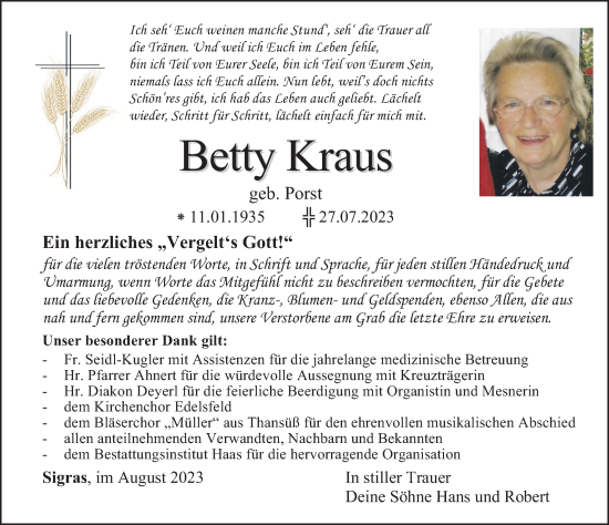 Traueranzeige von Betty Kraus von Hersbrucker Zeitung Lokal