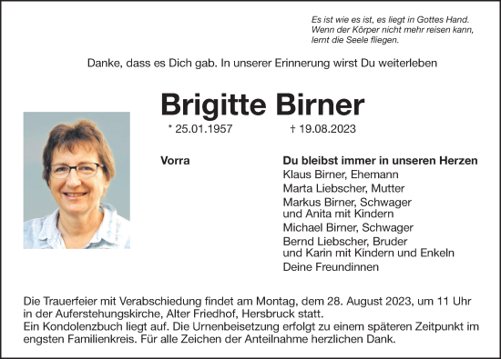 Traueranzeige von Brigitte Birner von Hersbrucker Zeitung Lokal