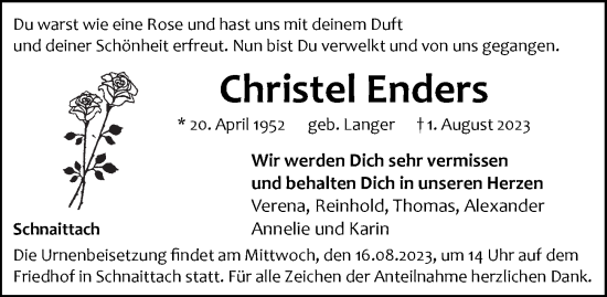 Traueranzeige von Christel Enders von Pegnitz-Zeitung