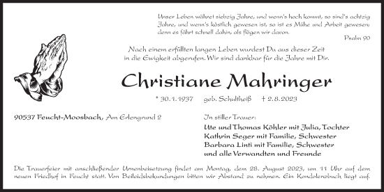 Traueranzeige von Christiane Mahringer von Der Bote