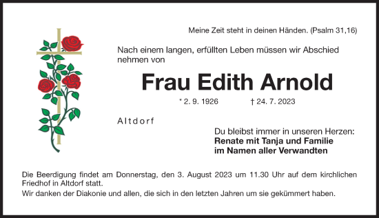 Traueranzeige von Edith Arnold von Der Bote