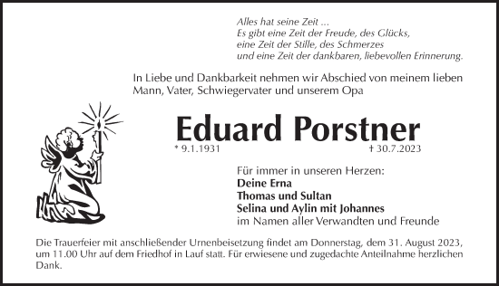 Traueranzeige von Eduard Porstner von Pegnitz-Zeitung