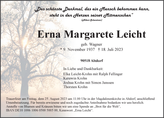Traueranzeige von Erna Margarete Leicht von Der Bote